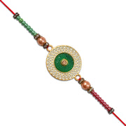 Elegant Green Circular Rakhi With Golden Filigree Design thumbnail 1