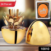 10010 Premium Cutlery Set 24 Pcs With Oval Shaped Stand  Beautiful Stylish Oval Designed Cutlery Sets Egg-shaped Luxury Spoon Holder Set (Golden  24 Pcs Set) thumbnail 7