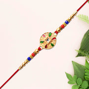 Traditional Circular Meenakari Rakhi With Multicolor Enamel Kundan Stone  Gold Beads thumbnail 2