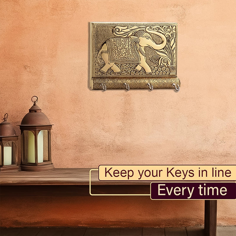 Wooden Key Holder For Home Decor Stylish Metal Gold Antique Elephant Design (1 Pc)