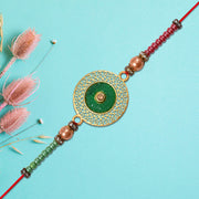 Elegant Green Circular Rakhi With Golden Filigree Design thumbnail 2