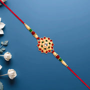 Multicolor Floral Rakhi With Mirror Center And Beaded Thread thumbnail 3