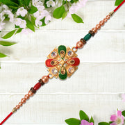 Elegant Meenakari Rakhi With Red-green Enamel  Stones thumbnail 2