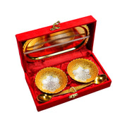2947 Gold Silver Plated 2 Bowl 2 Spoon Tray Set Brass With Red Velvet Gift Box Serving Dry Fruits Desserts Gift thumbnail 6