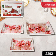 2292 Plastic Rectangular Shape Flower Printed Design Serving Tray 3 Pcs Home And Kitchen Use (3 Pcs Set) thumbnail 1