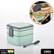 2860 Green Double-layer Portable Lunch Box Stackable With Carrying Handle And Spoon Lunch Box thumbnail 7