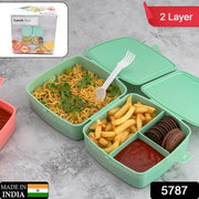 5787 Double-layer Square Lunch Box With  Spoon  4 Compartment Tiffin  Push Lock  Plastic Tiffin Box For Travelling School Kids  Office Exclusive Home thumbnail 7