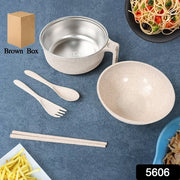 5606 Rice Bowl Noodle 1 Bowl With 1 Lid And Handle Wheat Straw Noodle Bowls With Wheat Straw 1 Fork 2 Chopsticks 1 Spoon For Soup Salad Cooker Snack Set (6 Pcs Set) thumbnail 7