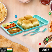 2037 4compartment Dish With Spoon And Fork(1 Dish Set With 1spoon And 1fork) Dinner Plate Plastic Compartment Plate Pav Bhaji Plate 4-compartments Divided Plastic Food Plate. thumbnail 7