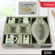 8240 Sunday Funday Ceramic Tea  Cups  Mug With Plastic Snacks Platter And 2 Compartment Chutney Bowl Milk Cup Coffee Cup Breakfast Cup Drinking Mug Or Outdoor For Household Gift For Birthday Wedding Party (6 Pcs Set) thumbnail 7