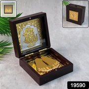 Golden Charan Paduka In Wooden Box  Spiritual Gift  Pooja Accessory thumbnail 4