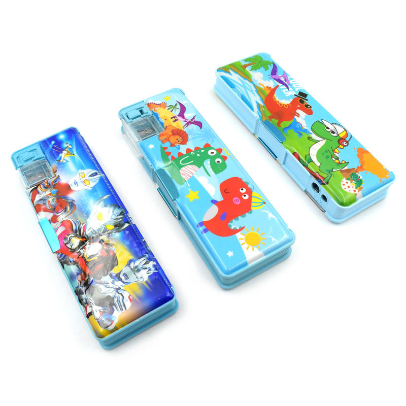 4252 Multipurpose Compass Box Plastic Double Deck Pencil Case With 2 Compartments Supplies Utility Box Storage Organizer Pencil Box For School Cartoon Printed Pencil Case For Kids Birthday Gift For Girls  Boys (1 Pc Mix Design)