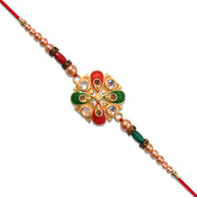 Elegant Meenakari Rakhi With Red-green Enamel  Stones thumbnail 1