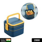 2868 Blue Double-layer Portable Lunch Box Stackable With Carrying Handle And Spoon Lunch Box thumbnail 7